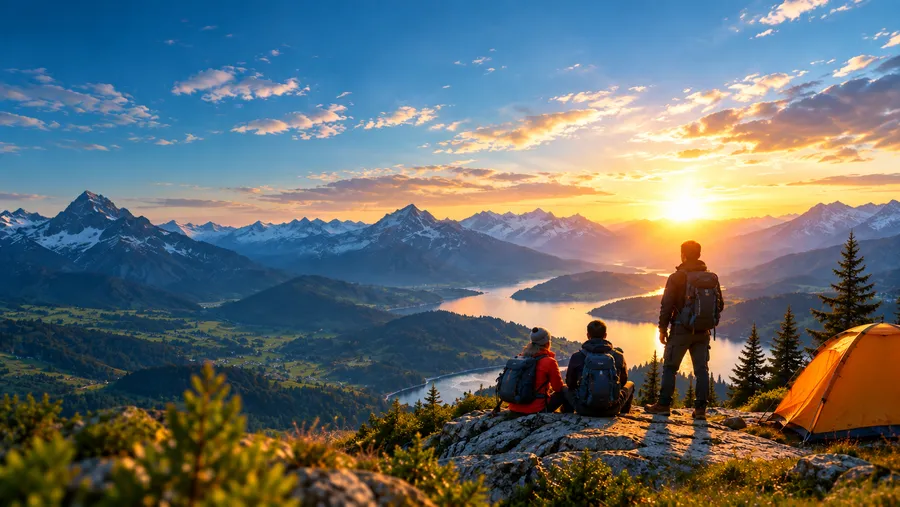 A group of hikers watching the sunset over mountains and a lake from their campsite